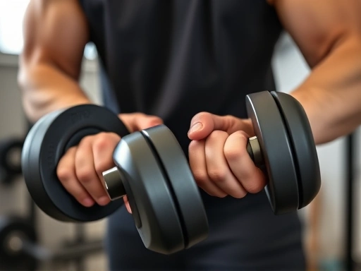 Close-up shot of an adjustable dumbbell being used in a small home gym setup, showing detail of the weight plates and handle. Focus on the user's hands and the equipment. Emphasize the compact and versatile nature of the equipment.
