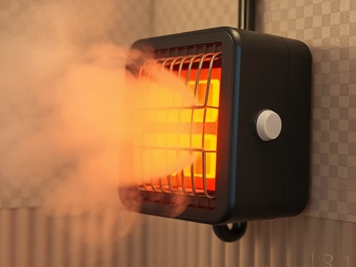 A close-up of a modern bathroom heater quickly warming a small, humid bathroom space, showing steam dissipating and a feeling of instant warmth, with water droplets on tiles.