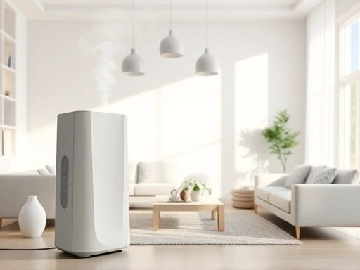 A modern, sleek humidifier-purifier unit in a minimalist living room, with visible mist and clean air, soft, natural light, focusing on home comfort and healthy living, SEO keywords: humidifier, air purifier, healthy air, home comfort.