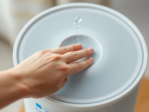 Close-up of a hand cleaning the water tank or filter of a humidifier-purifier, emphasizing ease of maintenance and hygiene, with subtle water droplets, SEO keywords: humidifier maintenance, air purifier cleaning, hygiene, filter cleaning.
