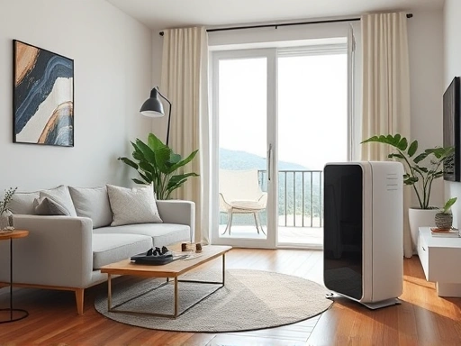 A clean, modern living room with a sleek air purifier running in the background, while a gentle breeze flows through an open window, symbolizing the balance between technology and natural ventilation for optimal indoor air quality.