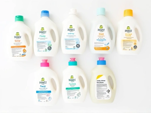 A detailed top-down view of various infant detergent bottles and their ingredient labels, with a focus on healthy baby skin and smart parenting choices, clean, bright setting.
