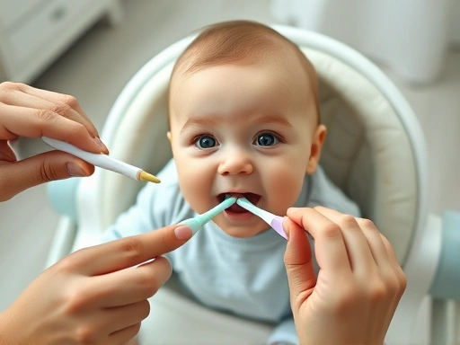 An overhead shot of a parent gently brushing an infant's gums with a finger toothbrush, a baby sitting in a high chair looking curious. Bright, clean nursery background with soft lighting.