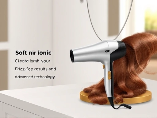 A modern, sleek ionic hair dryer on a vanity, surrounded by soft, flowing, shiny hair, emphasizing frizz-free results and advanced technology, with a natural light setting.