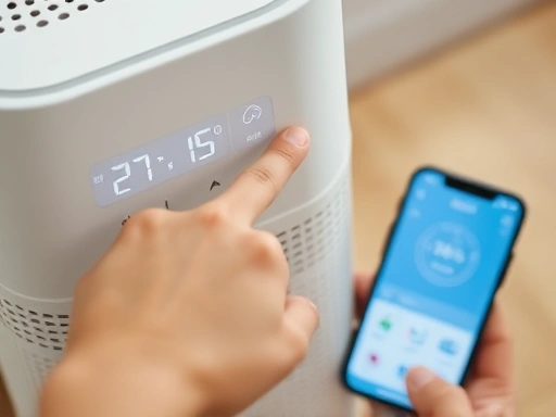 A close-up shot of a hand interacting with a Kakao Friends air purifier's digital display, showing air quality readings and smart app integration on a smartphone screen nearby, emphasizing user interaction and tech convenience.