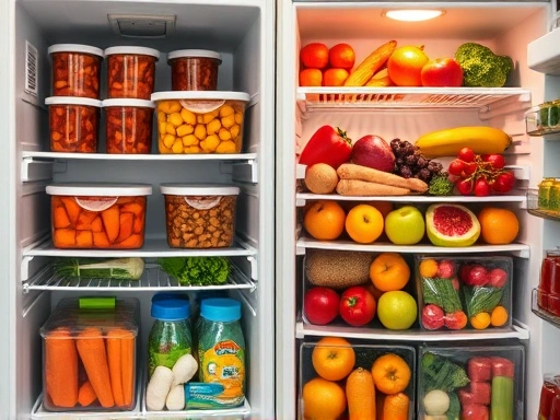 A close-up shot showing the interior differences between a kimchi refrigerator's specialized kimchi storage containers and a regular refrigerator's multi-tiered shelves filled with diverse fresh produce, emphasizing temperature control and storage solutions.