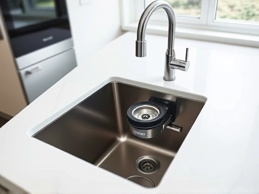 A modern kitchen counter with a sleek, newly installed under-sink food waste disposer, showcasing efficiency and cleanliness, with soft lighting. Features SEO keywords: food waste disposer, kitchen, installation, modern.