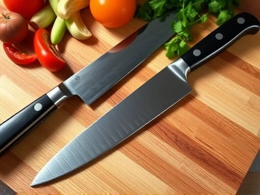 A high-angle, well-lit shot of a Japanese chef's knife and a German chef's knife side-by-side on a wooden cutting board, showcasing their distinct blade profiles and handles, with some fresh ingredients like vegetables and herbs in the background, focusing on knife performance comparison.