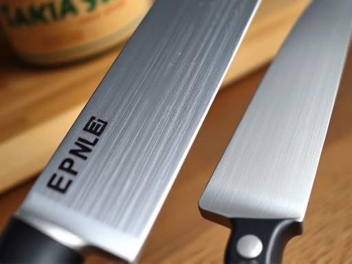 Close-up detail shot of the sharp edges of a Japanese knife and a German knife, highlighting the difference in blade angle and finish, with a blurred background of a kitchen countertop, emphasizing blade sharpness and durability.