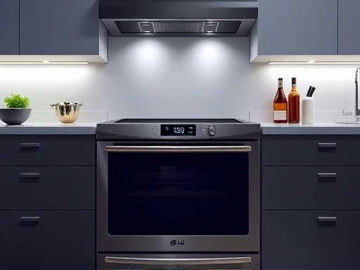 A modern kitchen featuring a sleek LG Dios Steam Oven Range, with soft, ambient lighting illuminating the stainless steel finish and digital display. The scene is clean and organized, showcasing the oven as a central, high-tech appliance.
