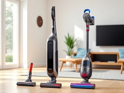 A modern, sleek LG CordZero A9S vacuum cleaner standing next to a dynamic Dyson V15 Detect, showcasing their advanced features in a brightly lit, clean living room.