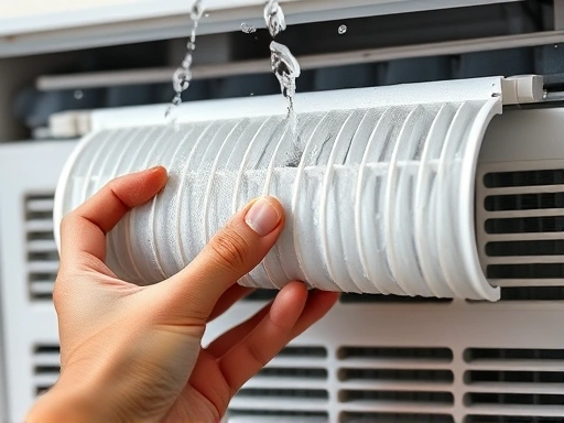 A close-up shot of an LG Whisen air conditioner's filter being cleaned under running water, highlighting the dirt removal. Focus on the filter and hands. Clean, detailed, and practical. SEO keywords: LG Whisen, air conditioner, filter cleaning, maintenance, electricity bill reduction.