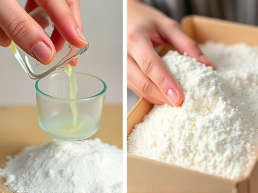 A close-up shot of a hand pouring liquid detergent into a measuring cap, juxtaposed with another hand scooping powder detergent from a box. The texture and form of each detergent should be clearly visible, emphasizing the difference in their physical state. Focus on the details and textures.