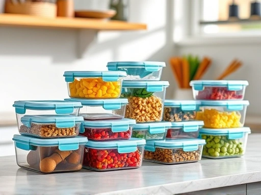 A modern kitchen counter with various LocknLock airtight containers, both plastic and glass, neatly arranged, showcasing their practical use in food storage and organization, with soft natural light. Focus on the variety and everyday utility. 