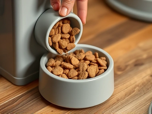 A close-up shot of a classic, simple manual pet feeder, with a hand gently pouring dry kibble into the bowl, emphasizing simplicity and direct interaction.