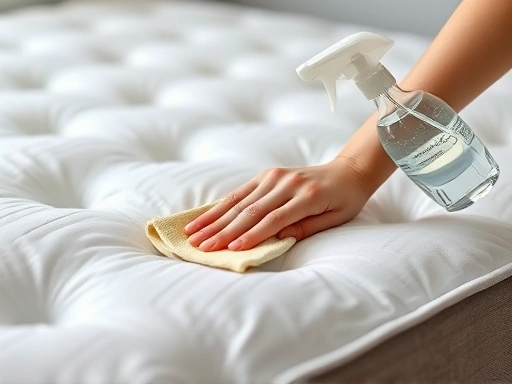 A close-up shot of a hand gently wiping a mattress with a cloth and a spray bottle, showing light, easy self-cleaning, with a focus on cleanliness and simplicity.