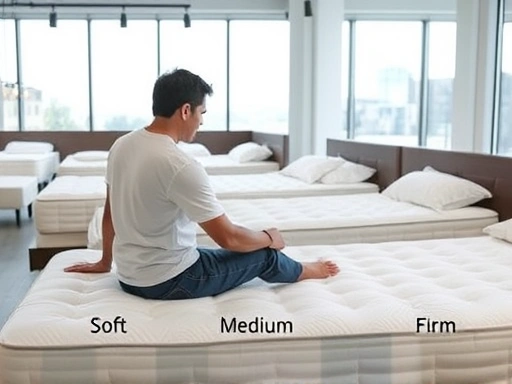 A person testing different mattress firmness levels in a modern showroom, focusing on their body alignment and comfort. The scene should be well-lit, showing soft, medium, and firm mattresses, with the person trying different sleeping positions to evaluate the firmness.