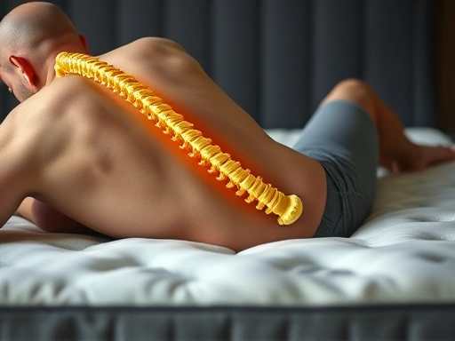 A close-up shot of a human spine resting on a mattress, illustrating the ideal straight alignment for spinal health. The image should clearly show the body contour adapting to the mattress, emphasizing support and pressure relief, with subtle motion blur to suggest sleep.