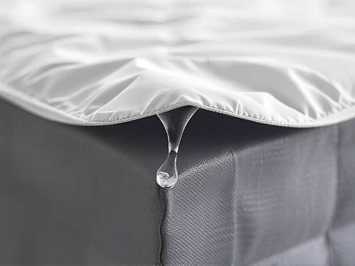 Close-up of a mattress protector fabric, showing its texture and a drop of water repelling from the surface, highlighting its waterproof and protective qualities.