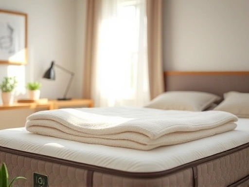 A comfortable bedroom scene with a mattress and a soft, inviting topper on top, sunlight streaming through the window, emphasizing comfort and well-being, featuring a cozy ambiance and a sense of relaxation, with soft textures and peaceful colors.