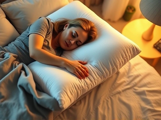 A high-angle shot showing a person sleeping peacefully on a memory foam pillow, highlighting its contouring and supportive properties, with soft, ambient light in a cozy bedroom. Focus on comfort and deep sleep.