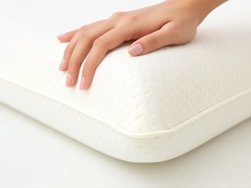 A close-up shot of a latex pillow, emphasizing its porous, breathable structure and natural, springy texture. Show a hand gently pressing the pillow, illustrating its quick rebound and elasticity, with a clean, light background.