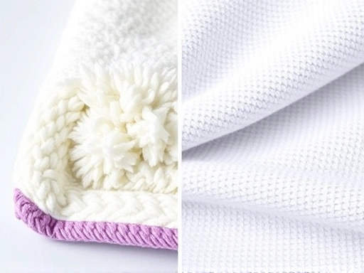 A split image showing the distinct textures of a fluffy cotton towel on one side and a smooth, tightly woven microfiber towel on the other, highlighting their visual differences with vibrant colors.