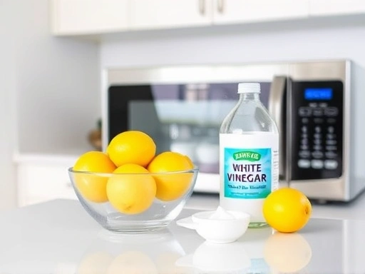 A clean, modern kitchen interior with a microwave oven. On the counter, a bowl of sliced lemons, a bottle of white vinegar, and a small bowl of baking soda are neatly arranged, indicating natural cleaning solutions. The scene is bright and hygienic, emphasizing freshness and home remedies for microwave odor removal.