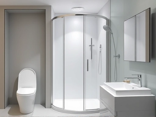 A sleek, modern bathroom featuring a walk-in shower booth with transparent glass partitions and a minimalist design, emphasizing space efficiency and clean lines. Focus on the shower area's details and modern fixtures.