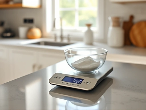 A modern kitchen countertop with a sleek digital kitchen scale accurately weighing ingredients for baking, sunlight filtering through a window, minimalist design with a focus on precise measurement. 
