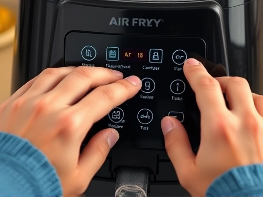 A close-up shot of a pair of hands interacting with an air fryer's digital control panel, illustrating ease of use and highlighting the various cooking settings and indicators for a detailed user experience. Focus on interaction and smart features.