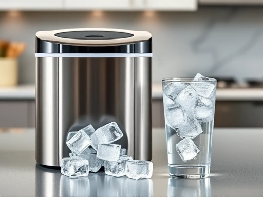A modern kitchen countertop with a sleek, chrome household ice maker producing ice, next to a refreshing glass of water filled with clear, perfectly shaped ice cubes, emphasizing convenience and freshness.