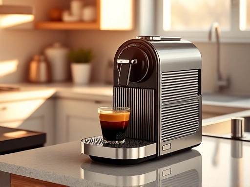 A modern kitchen setting with a sleek Nespresso Vertuo Plus coffee machine on the counter, with a steaming cup of coffee next to it, bathed in warm morning light, showing comfort and convenience.