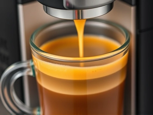 A close-up shot of a Nespresso Vertuo Plus machine during coffee extraction, highlighting the rich crema overflowing into a glass mug, with subtle steam rising, emphasizing coffee quality and texture.