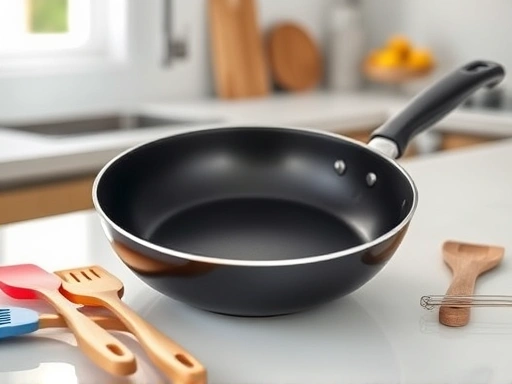A clean, well-maintained non-stick pan on a modern kitchen countertop, surrounded by silicone spatulas and wooden utensils. Focus on the pan's surface, showing its non-stick coating and new condition. Soft, natural lighting. SEO keywords: non-stick pan, kitchen tools, cooking, longevity.