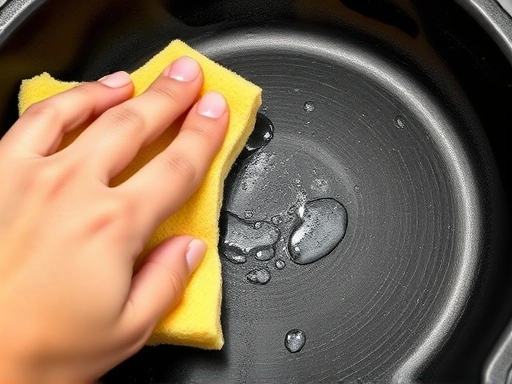 Close-up shot of a hand gently cleaning a non-stick pan with a soft sponge, showing water droplets and a gentle foam. The pan's surface appears smooth and undamaged. Focus on the delicate cleaning process. SEO keywords: non-stick pan cleaning, gentle care, kitchen sponge, maintenance tips.