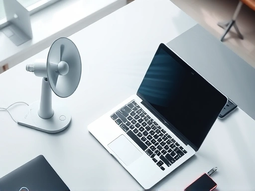 A high-angle shot of a clean, modern office desk with a quiet, compact USB fan providing a gentle breeze to a laptop and keyboard, demonstrating personal comfort and improved focus. The fan is sleek and fits seamlessly into the workspace, emphasizing its office suitability.
