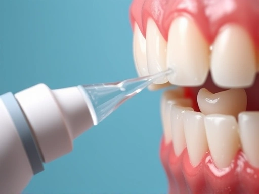 Close-up of an oral irrigator's nozzle precisely directing a powerful stream of water between teeth, highlighting effective plaque and food debris removal for dental health.