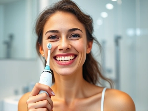 A clean, modern bathroom with a person smiling and using an oral irrigator, showing healthy teeth. Focus on freshness and dental care, highlighting daily oral hygiene.
