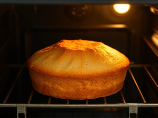 A close-up shot of a perfectly risen, golden-brown cake in a classic conventional oven, emphasizing moist texture and traditional baking.