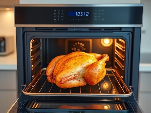 A modern kitchen with a golden brown roast chicken being taken out of a sleek convection oven, highlighting even cooking and crispiness.