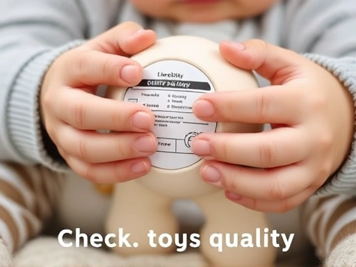 Close-up of a parent's hands carefully examining the safety label and smooth edges of a baby toy, emphasizing the importance of checking toy quality.