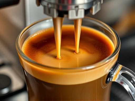 Close-up of a perfect espresso shot being pulled from a semi-automatic machine, with rich, golden-brown crema flowing into a clear glass cup. The texture and color are key, with slight steam.