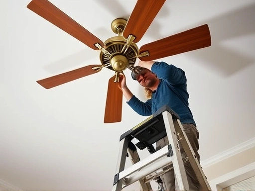 A close-up shot of a person safely standing on a sturdy ladder, looking up and making the final adjustments to a newly installed ceiling fan, with tools nearby and a focus on the hands and fan base, conveying a sense of accomplishment.