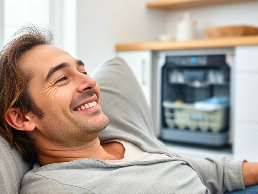 A close-up of a person relaxing on a sofa with a happy expression, while a modern, clean dishwasher is quietly running in the background, symbolizing the time saved and improved quality of life after its introduction.