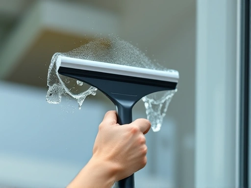 A close-up shot of a person's hands expertly using a squeegee to remove water and soap from a window, showing the clean, streak-free path left behind. Emphasize the technique and the clean result for effective window cleaning.