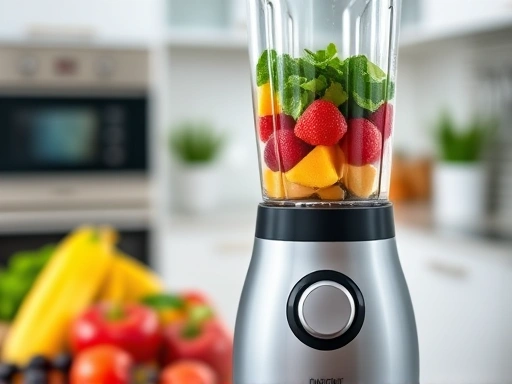 A close-up shot of a modern, sleek personal blender in a minimalist kitchen, blending colorful fruits and vegetables, with a focus on the smooth texture and vibrant colors. Natural lighting, high resolution, soft background blur. Keywords: personal blender, healthy smoothie, kitchen appliance, colorful fruits.