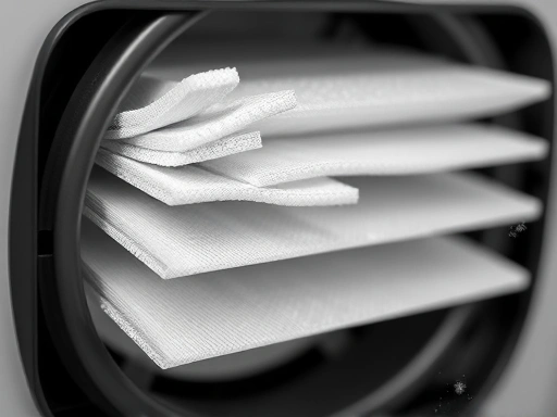 A detailed close-up shot of an advanced air purifier's filter system, highlighting the multi-layer HEPA and activated carbon filters designed for pet dander and odor removal, with tiny dust particles in the air.