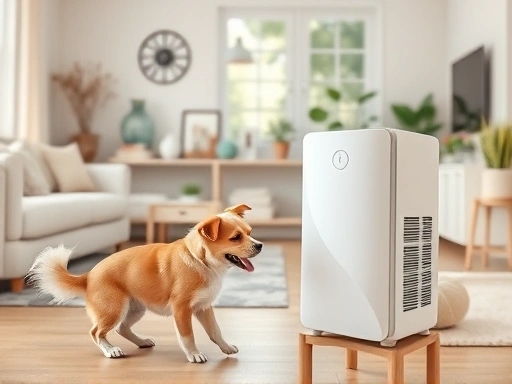 A clean, cozy living room interior with a cute dog or cat playfully interacting near a modern, sleek pet air purifier, emphasizing fresh air and happy pets.