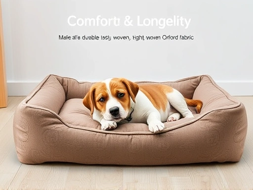 A cozy pet bed made of durable, tightly woven Oxford fabric, with a playful dog happily resting on it, illustrating comfort and longevity. Focus on texture and strength.